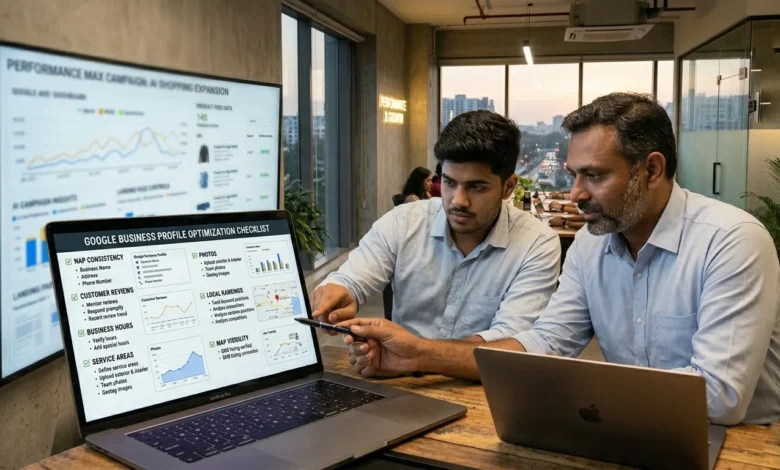 Indian business owner reviewing Google Business Profile optimization for local SEO