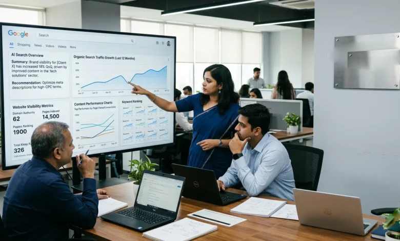 Indian SEO professionals analysing Google Search AI Overviews and website visibility