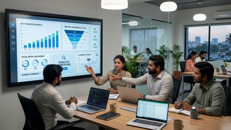 Indian marketers reviewing digital ad growth strategy in Chennai office