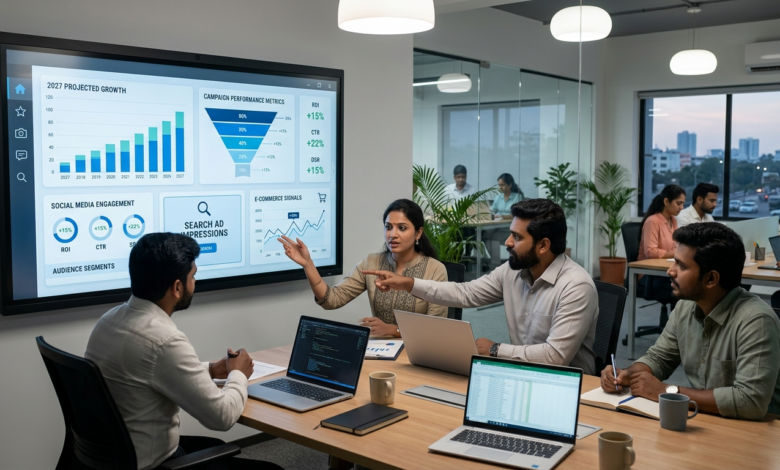 Indian marketers reviewing digital ad growth strategy in Chennai office