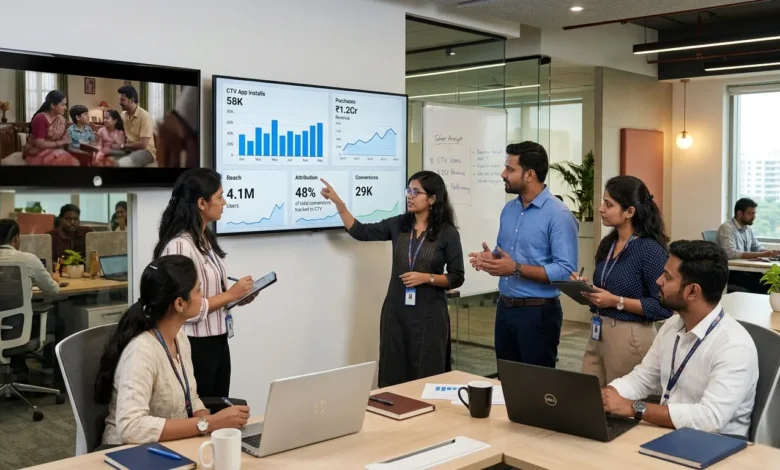 Indian marketing team analyzing CTV performance advertising dashboard