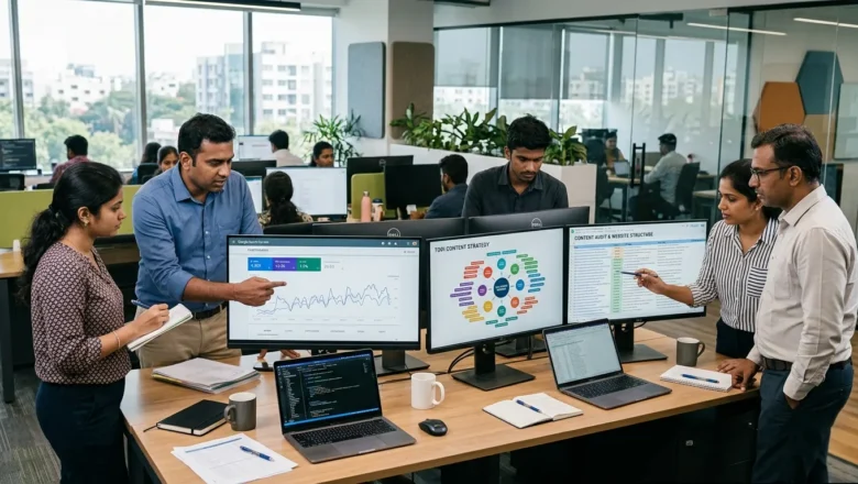Indian SEO professionals reviewing Google core update impact and topic cluster strategy.