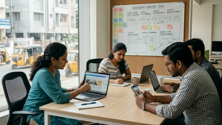 Indian social media team reviewing Instagram carousel reorder strategy.