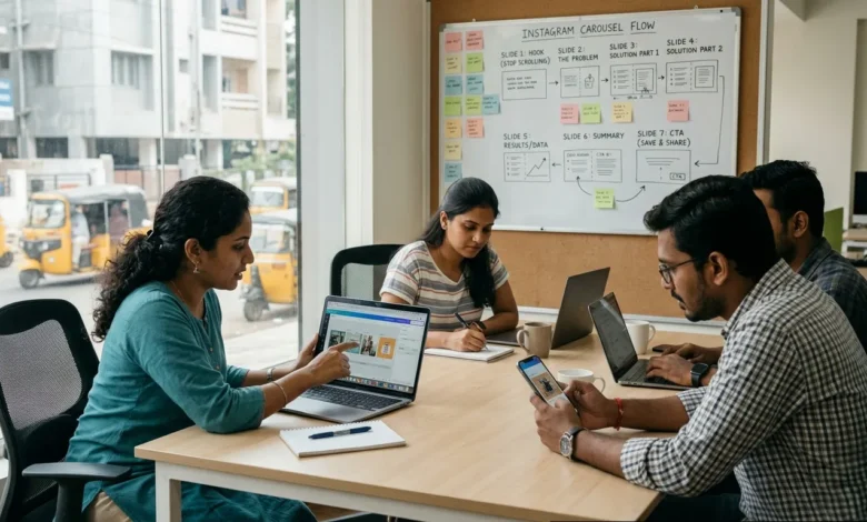 Indian social media team reviewing Instagram carousel reorder strategy.