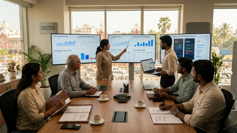 Indian marketing professionals analyzing India’s 64% digital ad surge for Chennai brand strategies