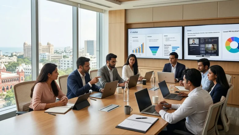 Indian marketers reviewing digital ad market growth and PMAR 2026 data in a Chennai office