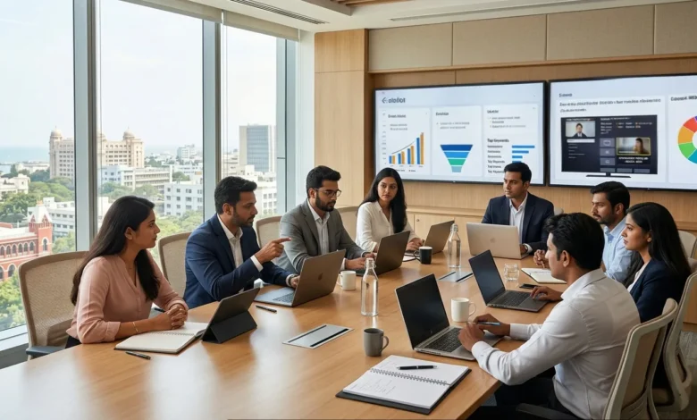 Indian marketers reviewing digital ad market growth and PMAR 2026 data in a Chennai office