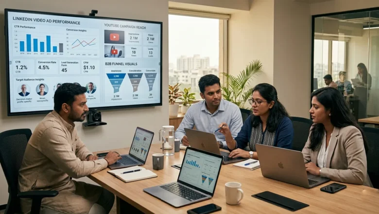 Indian B2B marketing team comparing LinkedIn and YouTube video ad strategy