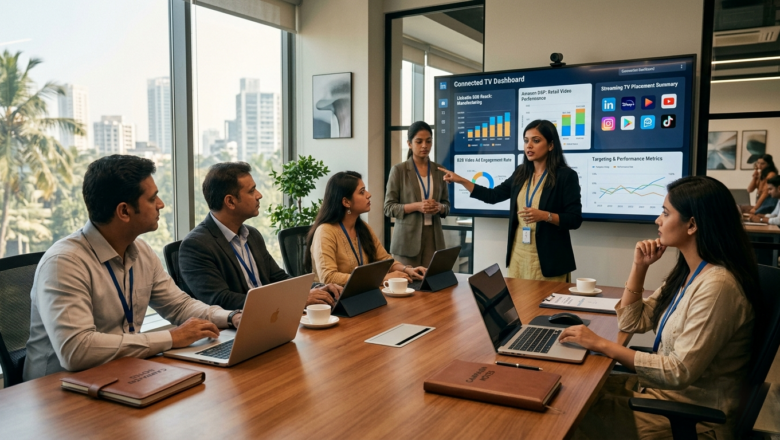 Indian marketing team reviewing LinkedIn CTV via Amazon DSP campaign dashboard for B2B