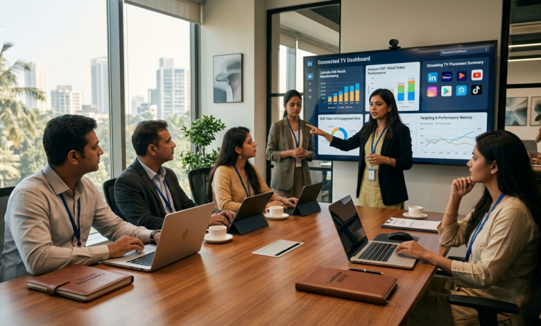 Indian marketing team reviewing LinkedIn CTV via Amazon DSP campaign dashboard for B2B