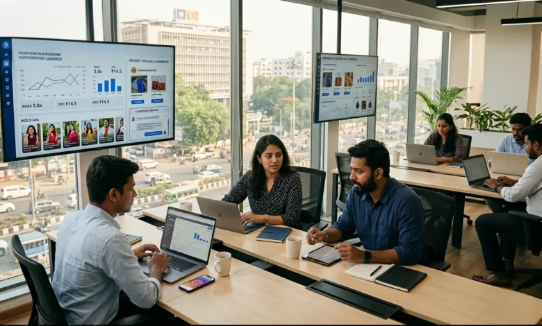 Indian marketers reviewing Meta AI commerce and Facebook Instagram ad performance dashboards
