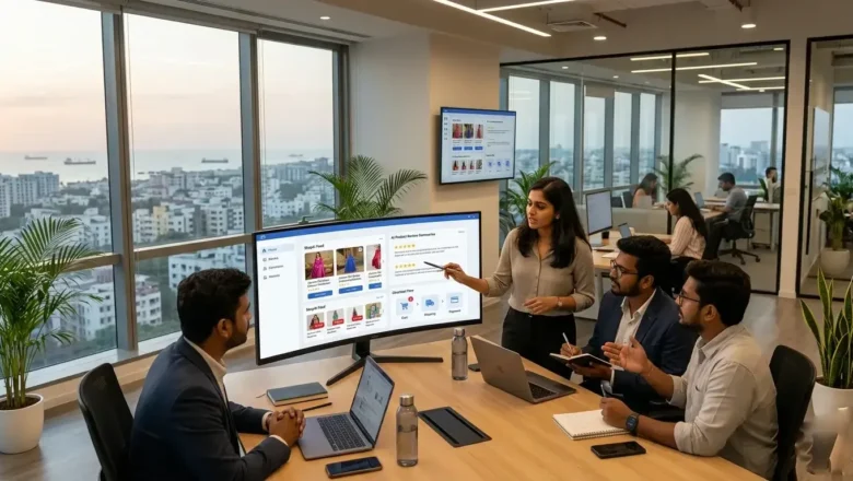 Indian digital marketing team reviewing Meta’s AI Shopping Pop-Ups, product summaries, social commerce ads, and checkout flows.