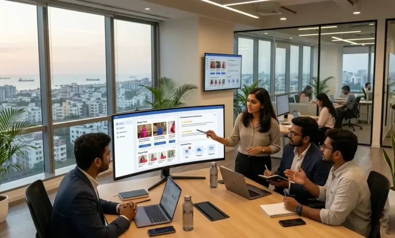 Indian digital marketing team reviewing Meta’s AI Shopping Pop-Ups, product summaries, social commerce ads, and checkout flows.