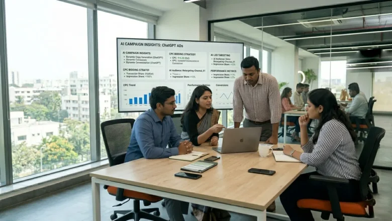 Indian marketing team reviewing OpenAI ChatGPT Ads strategy and AI advertising dashboard