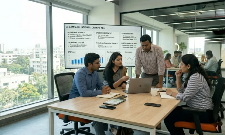 Indian marketing team reviewing OpenAI ChatGPT Ads strategy and AI advertising dashboard