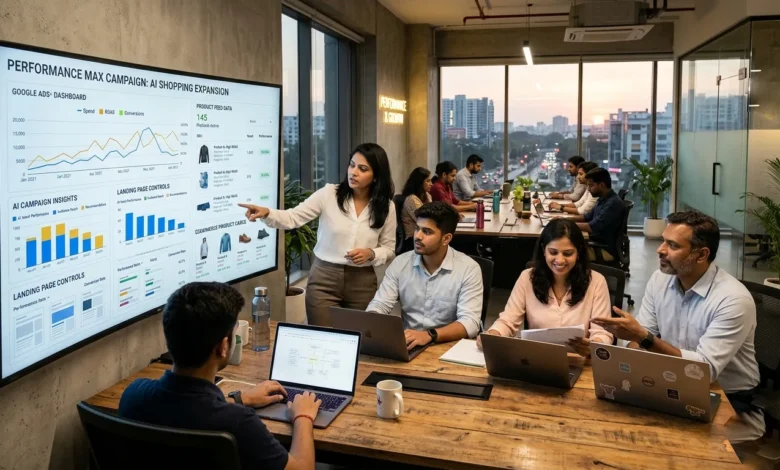 Indian marketing professionals analyzing AI Max Shopping Expansion to optimize Google Ads campaigns