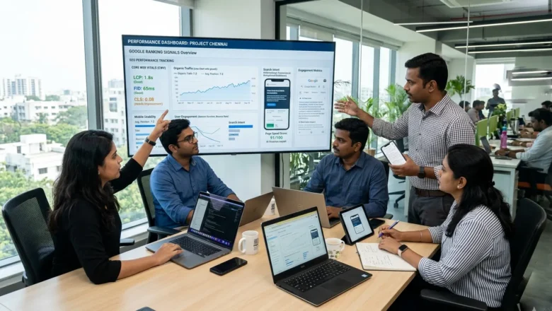 Indian SEO team reviewing Google ranking signals and engagement metrics for better search performance