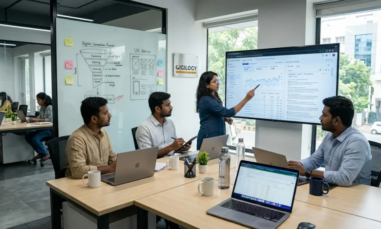 Indian marketing team discussing Search Experience Optimization and SEO conversions