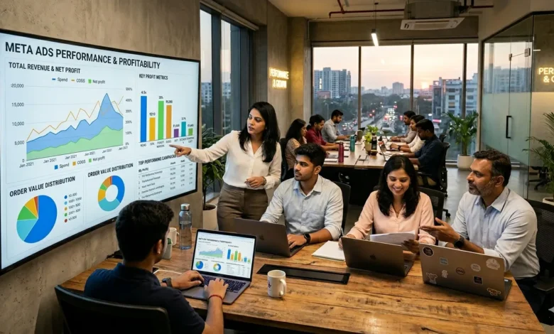 Indian professionals analyzing Meta Ads profit, ROAS, CPA and ecommerce margins