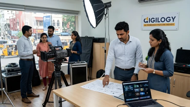 Indian professionals planning video production and motion graphics in Chennai with Digilogy branding.