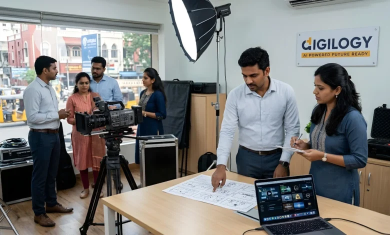 Indian professionals planning video production and motion graphics in Chennai with Digilogy branding.