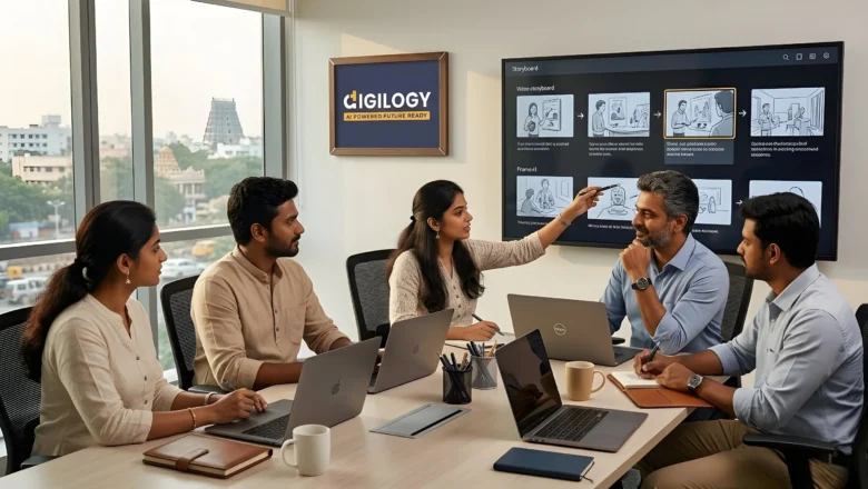 Indian professionals planning video production strategy in Chennai office