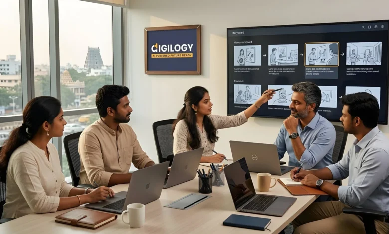 Indian professionals planning video production strategy in Chennai office