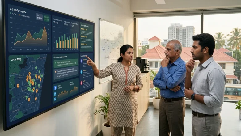 Indian professionals reviewing digital ads and AI search visibility for Chennai brands