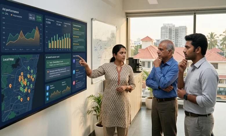 Indian professionals reviewing digital ads and AI search visibility for Chennai brands