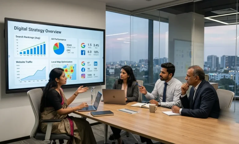 Indian digital marketing team analyzing YouTube Shorts Ads 2026 performance with vertical video campaigns and engagement metrics.